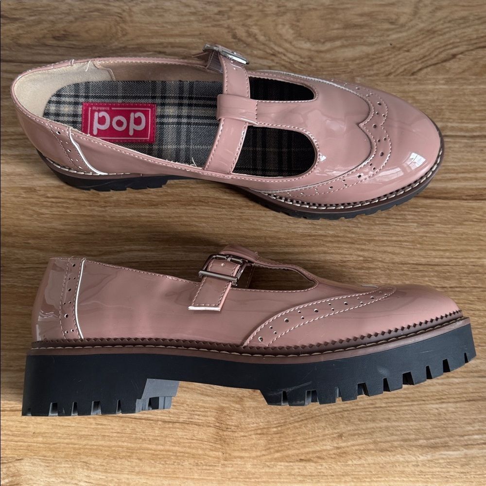 POP Tatum Women’s Patent Glossy Dusty Rose Wing Tip Mary Janes Platform Size 10M - Picture 11 of 12